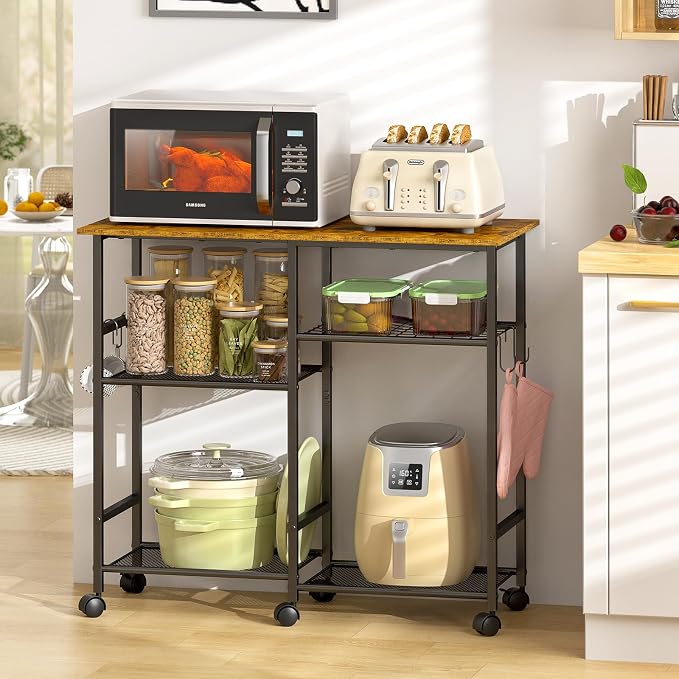 ThreeHio Rolling Kitchen Microwave Cart, 3-Tier Microwave Stand with Adjustable Shelf, Kitchen Storage Island on Lockable Wheels, Coffee Bar Baker's Rack Utility Cart for Living Room, Office, Balcony