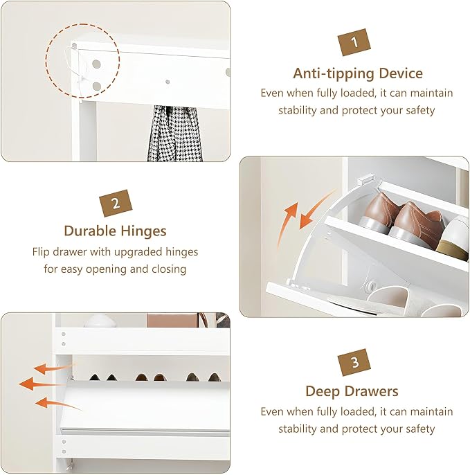 HOPUBUY Shoe Cabinet for Entryway, Narrow Shoe Storage with 3 Flip Drawers | Slim Narrow Freestanding Shoe Storage Organizer for Entryway, Hallway & Living Room, White