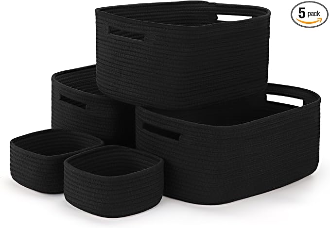5-Pack Large Woven Rope Storage Baskets, 2 Sizes Organizer Bins | Fabric Cube Boxes and Rectangular Shallow Bins for Closet, Shelf, Bookshelf, Nursery, Changing Table, Bathroom, Toys & Home
