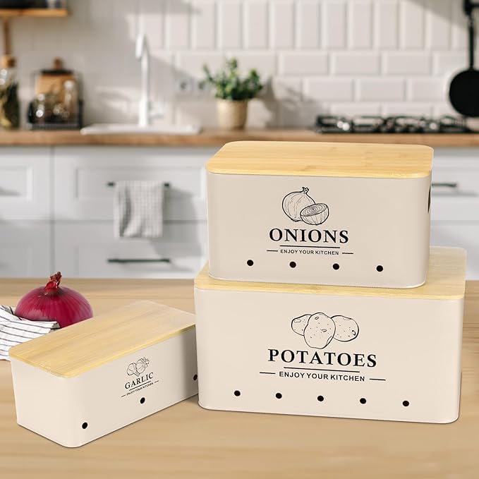 Kitchen Vegetable Storage Set of 3, Metal Onion Garlic Potato Storage Set, Kitchen Canisters Vegetable Keeper Containers with Aerating Holes and Bamboo Lid，Beige