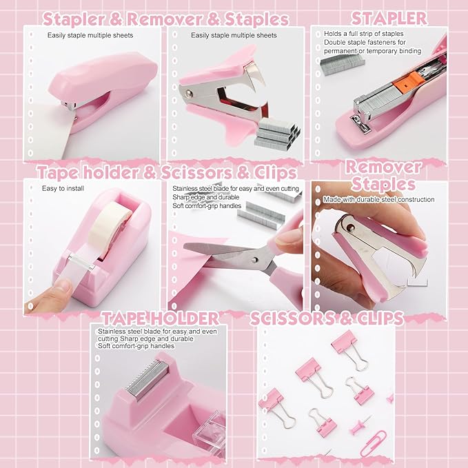 Feifeiya 18 Pack Pink Office Supplies Desk Accessories for Women Desk Organizer Box Calculator Staple Remover Stapler Scissors Clips Mouse Pad Sticky Notes Index Notes Tape Dispenser Ruler Tap Pen