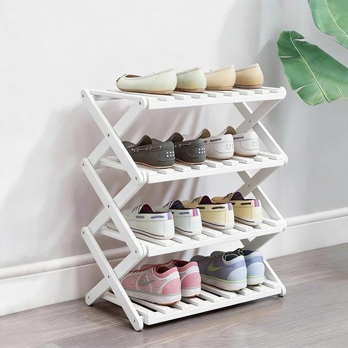 4 Tier Bamboo Shoe Rack White,Portable Folding Shoe Storage Rack,Without Installation Small Shoe Rack Perfect for Corridors, Drom, Bedrooms and Small Spaces