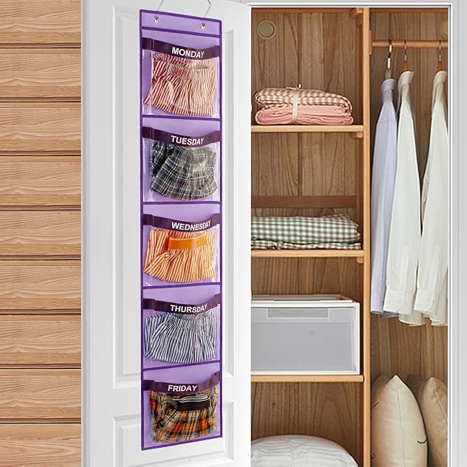 2 Pcs Day of Week Clothing Organizer Monday to Friday School Clothes Organizer for Kids Weekly Hanging Closet Organizer (Purple)