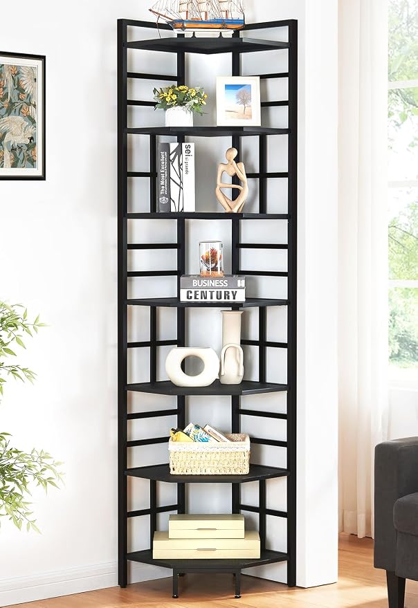 HOMISSUE Corner Shelf, 7 Tier Tall Narrow Bookshelf 82.6", Industrial Corner Bookcase with Storage for Home Office Living Room and Bedroom, Black