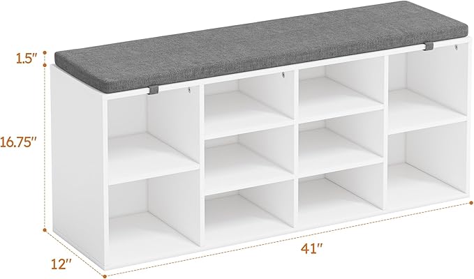 Shoe Storage Bench with Cushion, 41'' Long Entryway Bench with 10 Compartments Shoe Rack, Multifunctional Cubby Storage Organizer for Living Room, Hallway, Bedroom and Closet, White