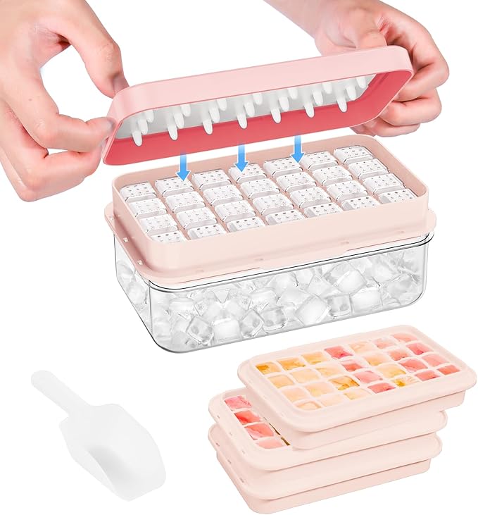 0.8“ Ice Cube Tray with Lid and Bin, PHINOX 84 Cubes Ice Trays for Freezer, Ice Cube Trays for Freezer with 3 trays, Container, Lid & Ice Scoop, BPA Free, Pink(28Cubes/Tier)