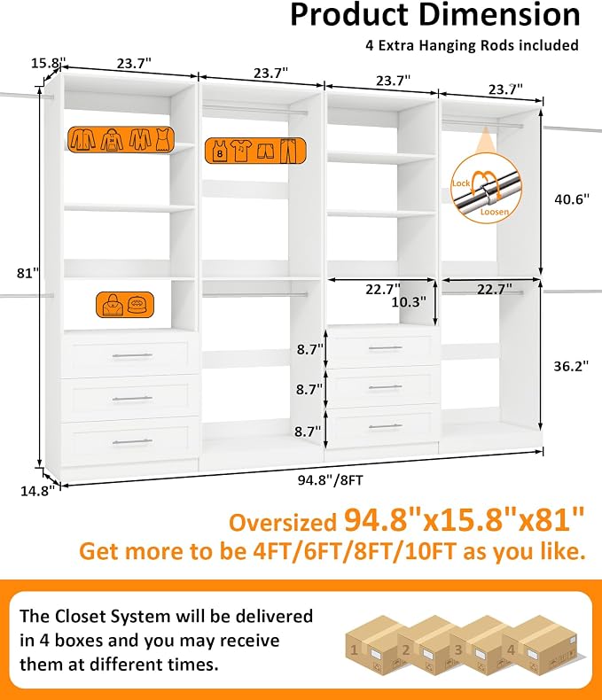 Closet System of 4 Sets with 6 Drawers & 8 Shelves & 8 Hanging Rods, 8FT-20FT Closet Organizer System, Walk in Closet, Modular Closet System White ( 8FT)