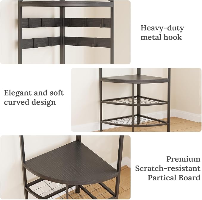 GiftGo Corner Hall Tree with Shoe Bench Entryway Coat Rack with 10 Metal Movable Hooks Freestanding Clothes Rack Shoes Shelf Organizer for Home Office Bedroom (Black)