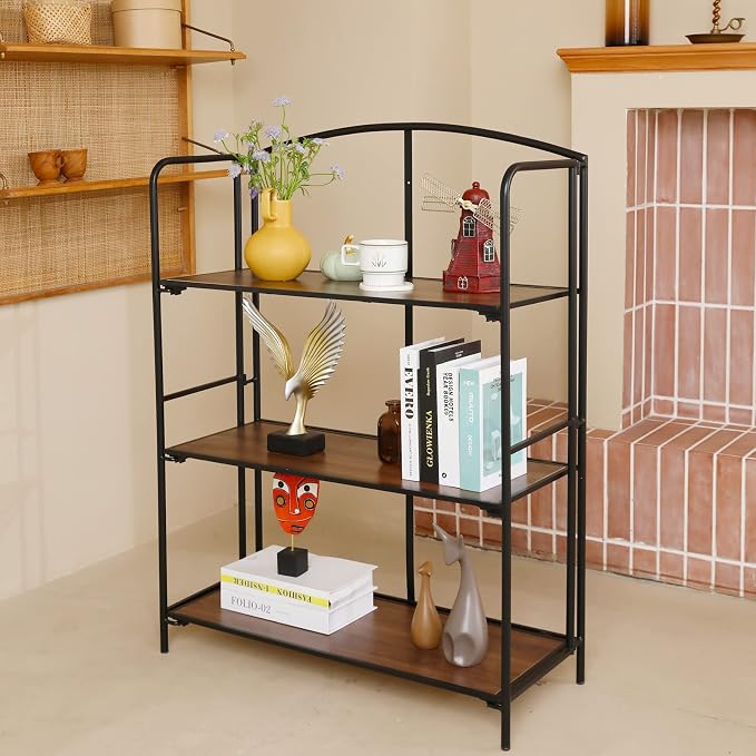 Crofy 3-Tier Wider Foldable Bookshelf, Black Frame & Walnut Shelves | No-Assembly Collapsible Portable Storage Organizer; Sturdy Walnut Finish Shelves; Ideal for Living Room & Home Office