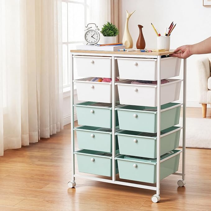 VEVOR Rolling Cart with Drawers, Double Row 10 Drawer Storage Organizer, Mobile Utility Cart, Wood Top, Steel Frame, Universal Casters & 2 Brakes, for Office, Classroom, Craft Room, Studio, Blue White