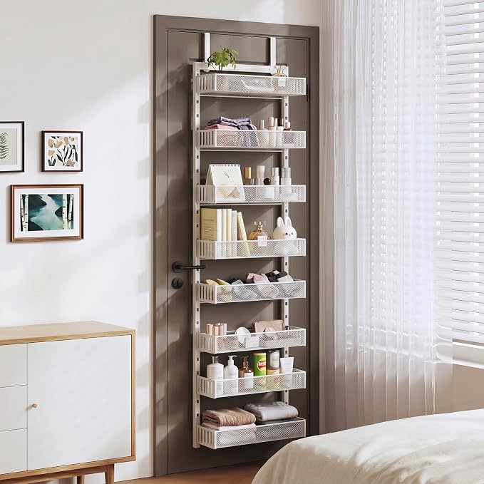 Over the Door Pantry Organizer, 8-Tier Heavy-Duty Door Spice Rack with Mesh Baskets, Height Adjustable & Anti-Swing Design, Pantry Door Organizers and Storage for Kitchen, Bathroom