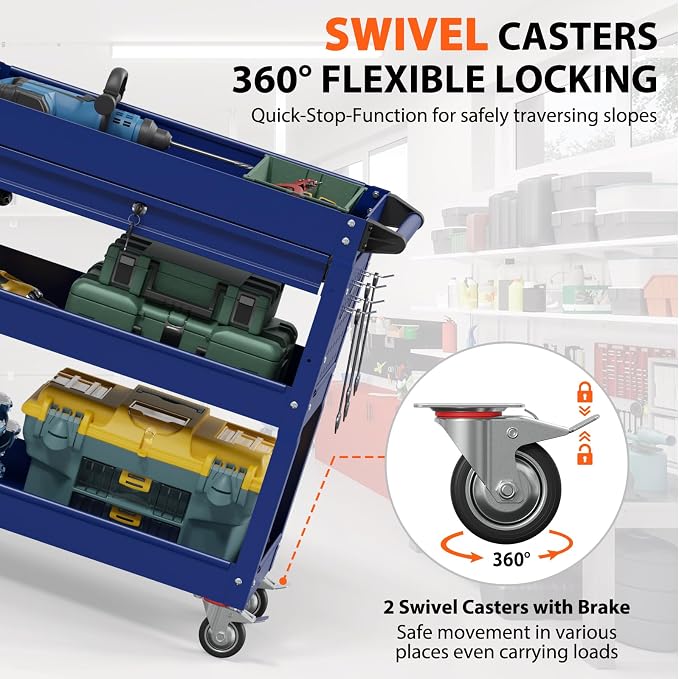3 Tier Heavy Duty Rolling Tool Cart with Drawers, Large Storage Utility Cart on Wheels for Garage, Warehouse, Repair Shop (Deep Blue)