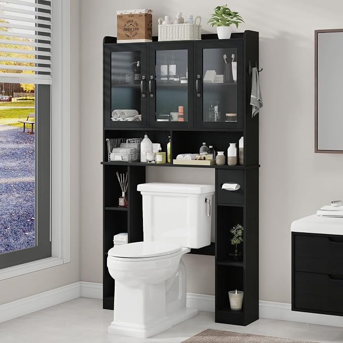 Vabches Over The Toilet Storage Cabinet with Glass Doors, Black | Farmhouse Bathroom Organizer with Adjustable Shelf, Home Space-Saving Toilet Rack,for Restroom,Bathroom, Laundry