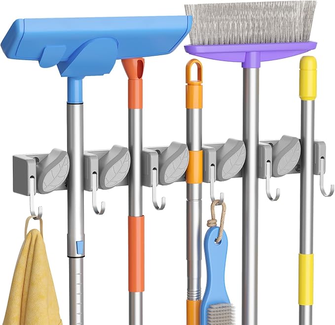 Lifewit Broom and Mop Holder Wall Mount, Non-Slip Cleaning Tool Hanger Organizer with 6 Hooks 5 Slots, Heavy Duty Hanging Broom Utility Rack for Kitchen, Garden, Garage, Laundry, 1 Pack, Gray