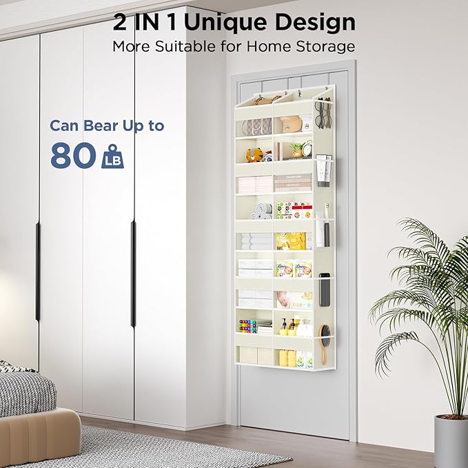 PureSpace 2 Pack 5-Tier Over The Door Organizer with 10 Side Mesh Pockets & Clear Windows, 80 lb Weight Capacity Hanging Storage for Bedroom, Nursery, Kitchen, Organize Toys, Shoes, Diapers(Beige