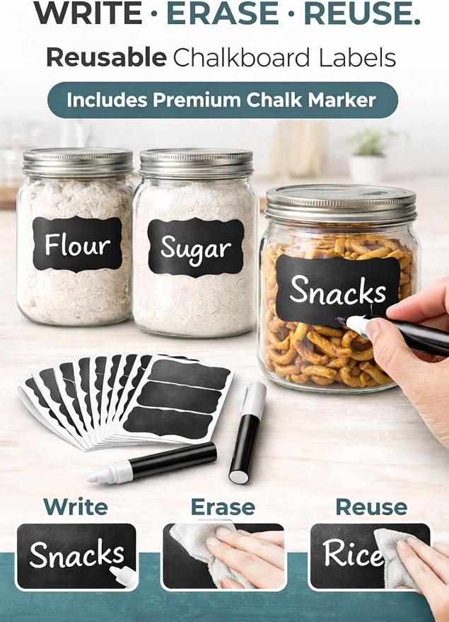 Chalkboard Labels for Jars – 180 Pack, Reusable Waterproof Erasable Stickers with Liquid Chalk Marker, 2” x 3” Wavy Rectangle Labels for Pantry, Mason Jars & Kitchen Organization
