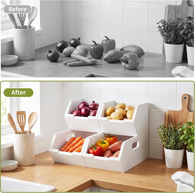 Bamboo Pantry Storage Bins, Potato and Onion Storage Bins for Countertop | Open Front Storage Bins, Large Capacity, Stackable Design, Cut-out Handles, FSC-certified Bamboo, No Assembly, White