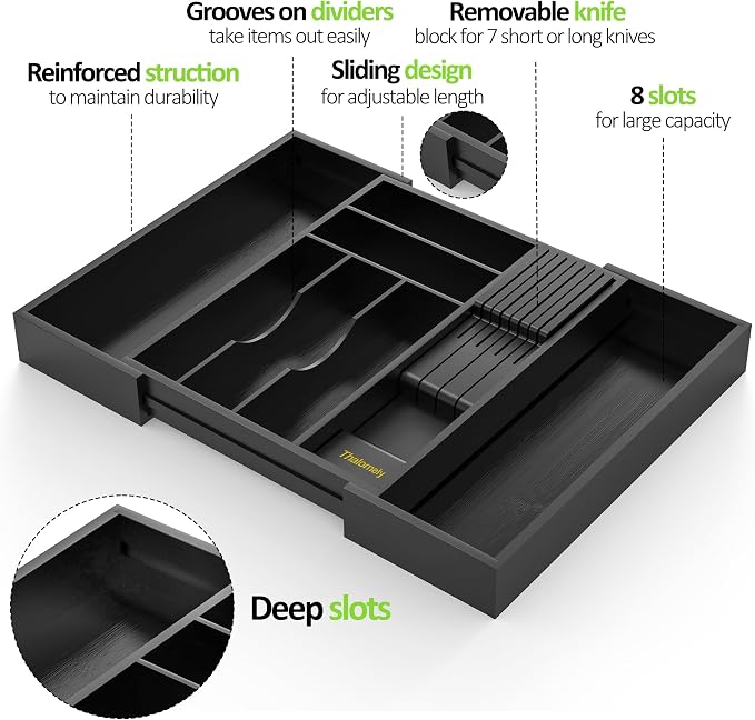 Bamboo Kitchen Drawer Organizer, Expandable Silverware Organizer with Removable Knife Block, 6-8 Slots- Utensil Holder & Cutlery Tray Drawer Dividers, 2.36" Deep for Extra Capacity, Black