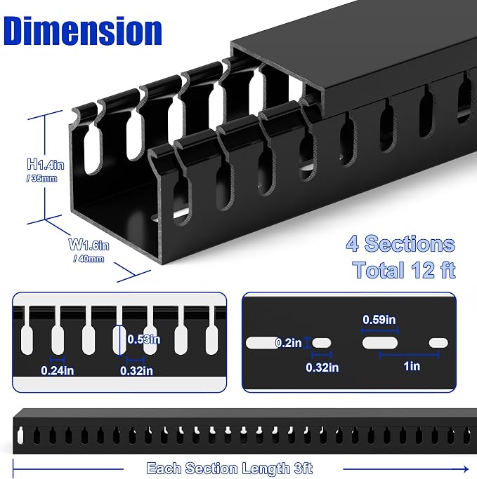 1.4"H x 1.6"W Cable Raceway, 12ft Under Desk Wire Management Channel, Black | Slotted Wire Duct, 4 Pack (3 ft Each), Heavy-Duty PVC Cable Management for Server Racks, Network Cables & Electrical Cabinets