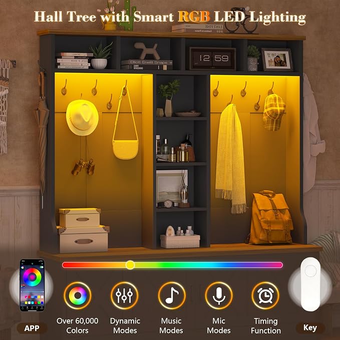 CSZZD Hall Tree with Bench and Shoe Storage, Farmhouse Entryway Bench with Coat Racks and Led Lights, Black Large Hall Tree with 12 Coat Hooks, 8 Storage Cubbies, Adjustable Shelf
