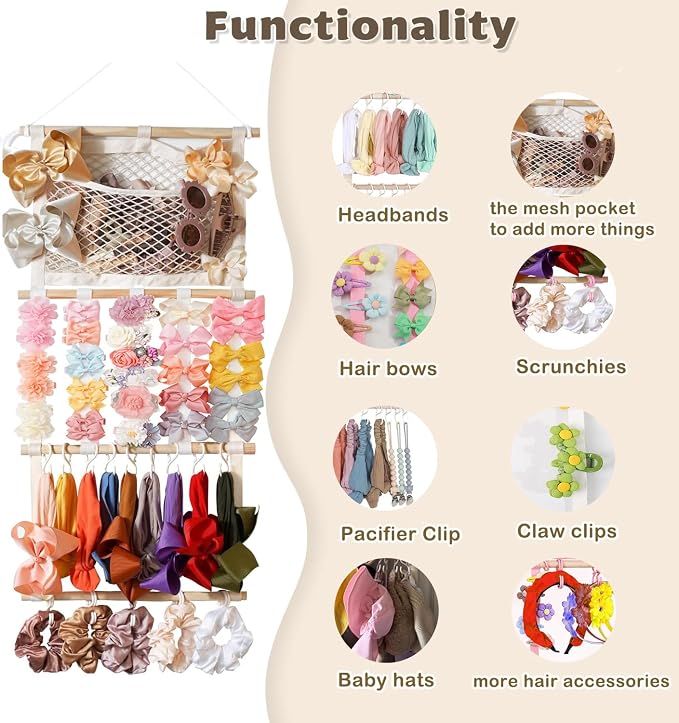 kangaroo Headband Holder Hair Bows Organizer for Baby Girls Nursery Decor | Large Capacity Headbands&bows Holder | Wall Hanging-15"L x 30"H | Easy to Grab | Nursery Essentials | Baby's bows Organizer