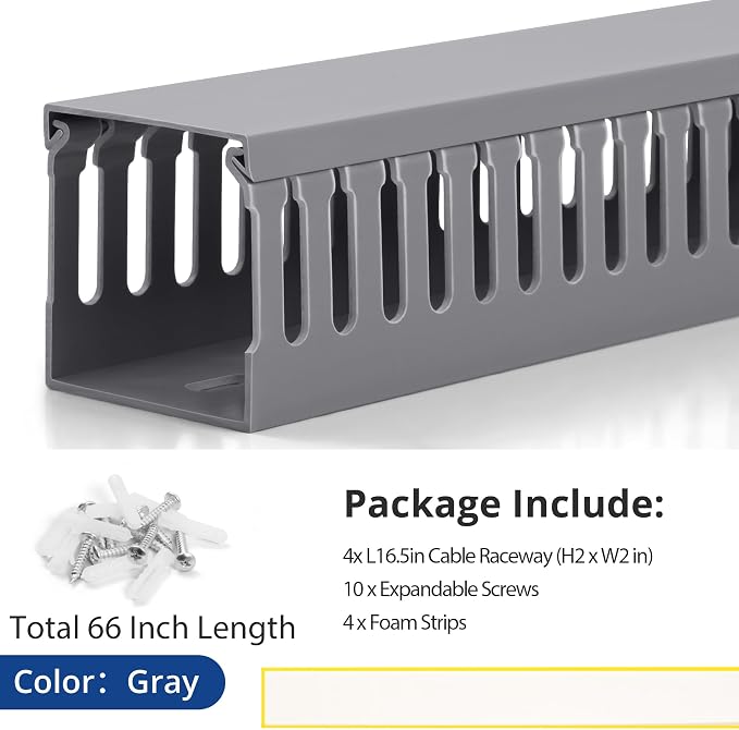 2" H x 2" W Cable Raceway, 66in Under Desk Wire Management Channel, Grey | Slotted Wire Duct, 4Pack, 16.5in Each, Heavy-Duty PVC Cable Management for Server Racks, Network Cables & Electrical Cabinets
