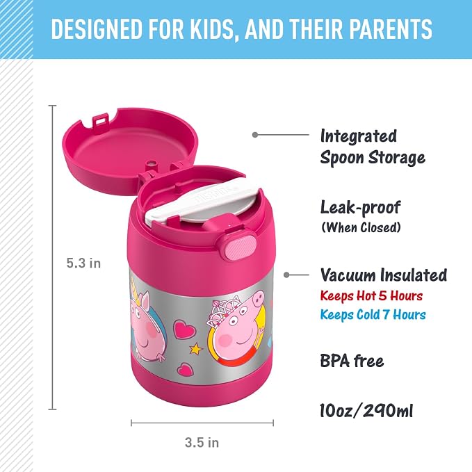 THERMOS FUNTAINER Insulated Food Jar, 10 Ounce, Kid Friendly Food Jar with Foldable Spoon, Peppa Pig