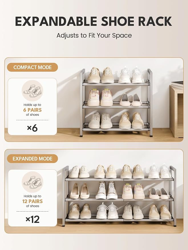 Bumusty 3-Tier Expandable Shoe Rack for Closet, 18“-33” Adjustable Shoe Rack for Small Space, Small Shoe Organizer for Front Door, Sturdy Metal, Light Grey