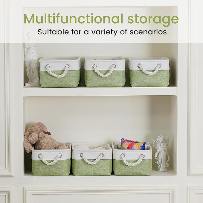 Storage Baskets for Shelves 11.8x7.9x5.2 Inch, Foldable Fabric Storage Bins with Handles, Small Storage Baskets for Organizing Closet, Office, Home Organization (6-Pack, White&Green)
