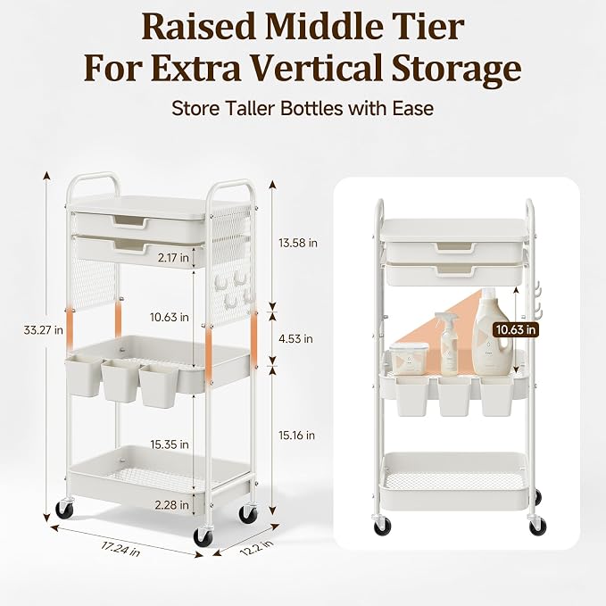 3 Tier Rolling Cart with 2 Drawers, Metal Utility Storage Carts with Wheels | Kitchen Rolling Cart 4.5" Deep Basket, Mesh Side Panel with 3 Cups, 4 Hooks for Office, Bedside, Craft Storage Cart