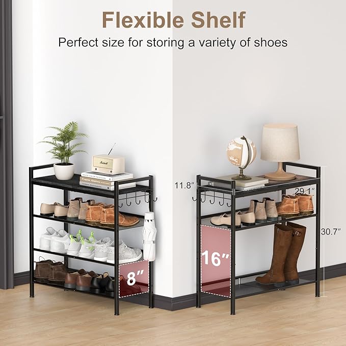 Shoe Rack for Front Door Entrance, 4 Tier Height-Adjustable Metal Shoe Rack, Sturdy Wooden Top and Tiltable Steel Frame Heavy Duty Shoe Organizer for Bathroom,Bedroom,Kitchen, Include Hook, Black