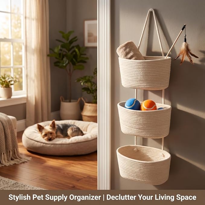 Over the Door Basket Organizer, 3 Tier Hanging Basket with Hooks | Woven Cotton Hanging Over Door Basket for Bedroom, Nursery, Bathroom, Apartment, White Hanging Storage Basket for Organizing