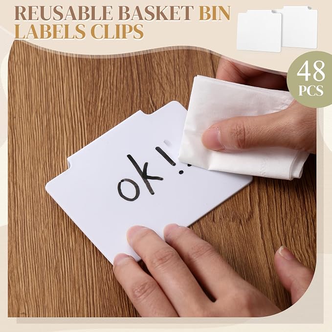Siifert 50 Pcs Basket Labels Clip Set for Storage Bins Include Removable PVC Bin Label Holders with Chalk Markers for Kitchen Pantry Organization Labeling Box Shelf 48+2 96+4 (White)
