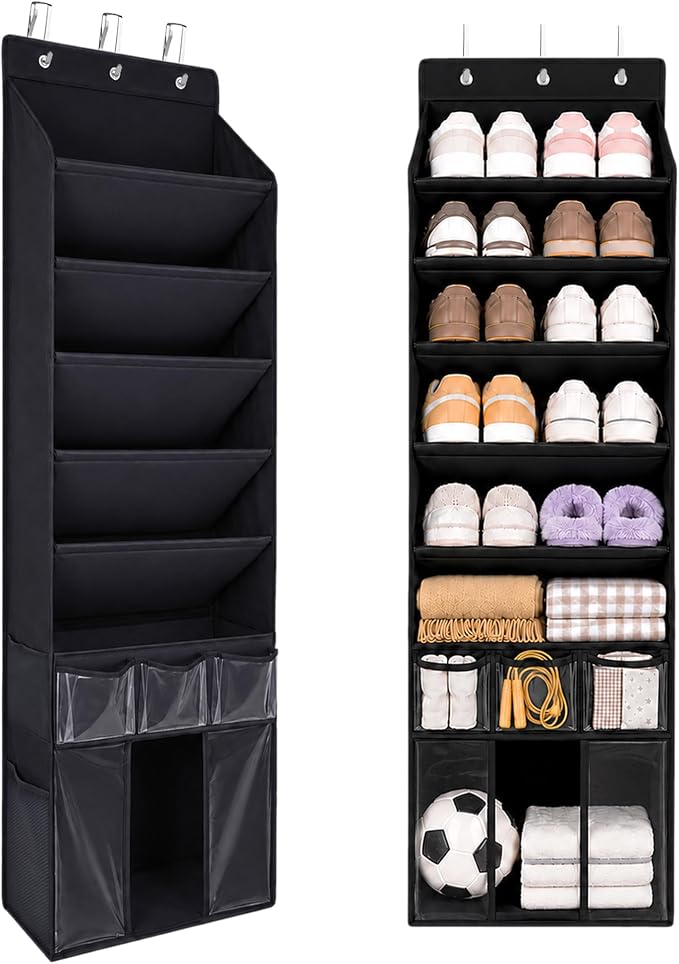 3in1 Over The Door Shoe Organizer with 5 Slanted Compartments,Removable Storage Bin & Transparent Pockets,Thickened Waterproof Oxford Fabric Shoes Rack for Shoes,Boots,Toys,Daily Essentials. (Black)