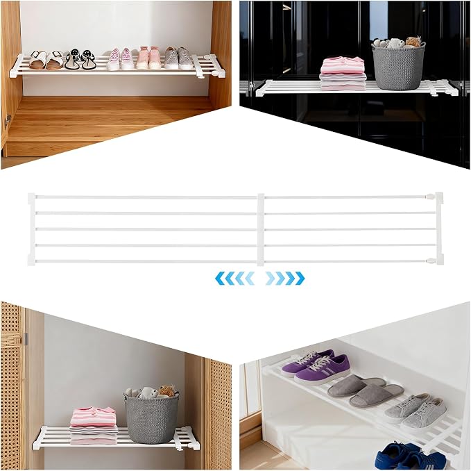 Closet Tension Shelf & Rod Expandable, Adjustable Storage Rack Cabinet, Extendable Storage Shelf, Metal Wardrobe Partition, Divider Separator for Cabinet Wardrobe Cupboard Kitchen Bathroom