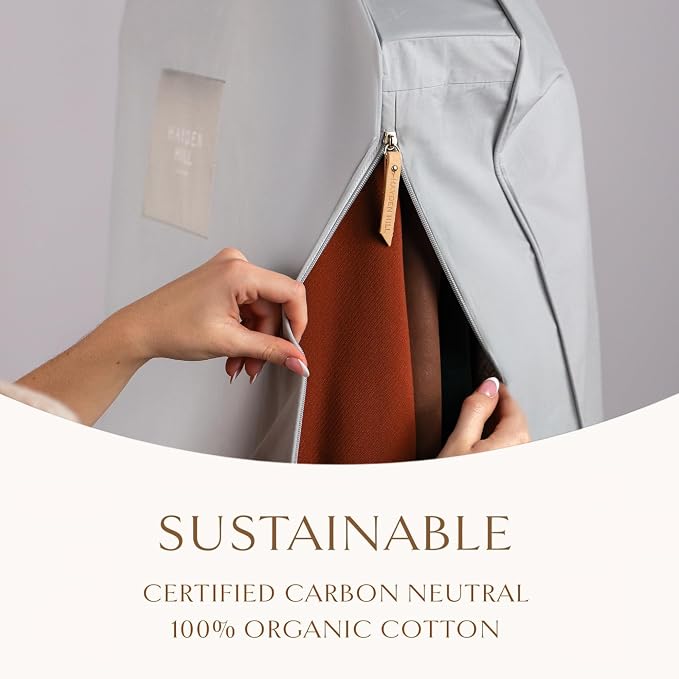 Hayden Hill Luxury Organic Cotton Garment Bag for Hanging Clothes Long 58" | Full Length Breathable Dress Bag, Moth Proof Hanging Garment Bags For Closet Storage, Certified Carbon Neutral, Gray