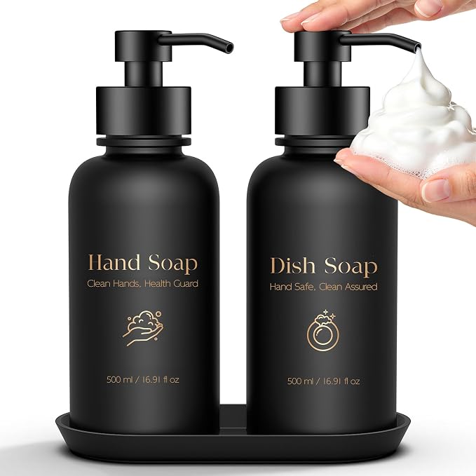 16.9 Oz Glass Foaming Soap Dispenser 2 Pack(Black) | Refillable Hand & Dish Soap Pump, With Silicone Tray & 8 Waterproof Labels, For Bathroom & Kitchen，Perfect Housewarming Gift