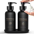 16.9 Oz Glass Foaming Soap Dispenser 2 Pack(Black) | Refillable Hand & Dish Soap Pump, With Silicone Tray & 8 Waterproof Labels, For Bathroom & Kitchen，Perfect Housewarming Gift