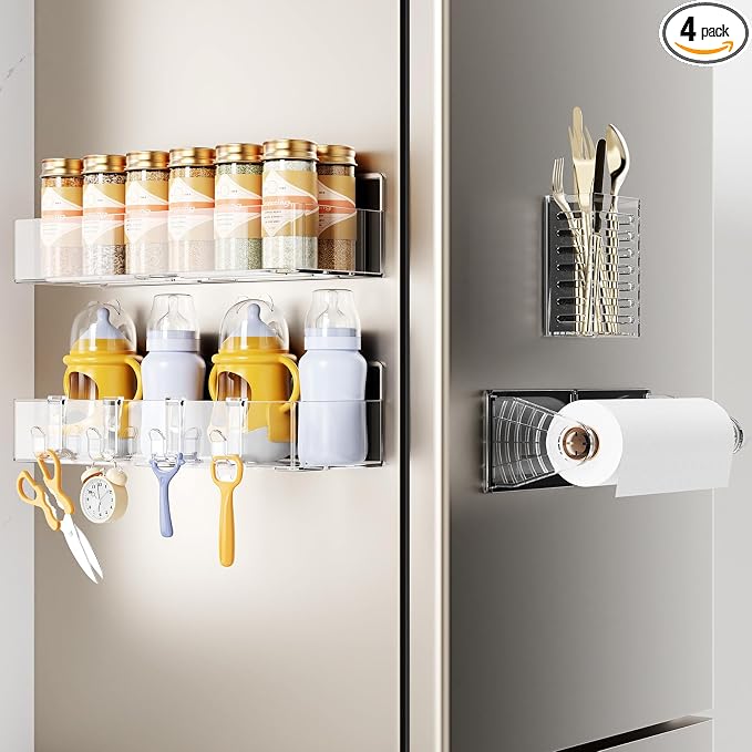 Mystozer Magnetic Spice Rack for Refrigerator,4 Pack Magnetic Shelf,Fridge Magnet Organizer with Paper Towel Holder and Utensils Racks,Fridge Organizers and Storage Clear(4 Pack)