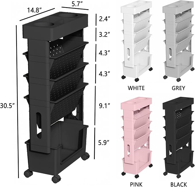 5-Tier Rolling Bookshelf Magazine Rack with Wheels Black | Mobile Bookcase, Book Storage File Folder Organizer Cart for Home Study Office Living Room Classroom