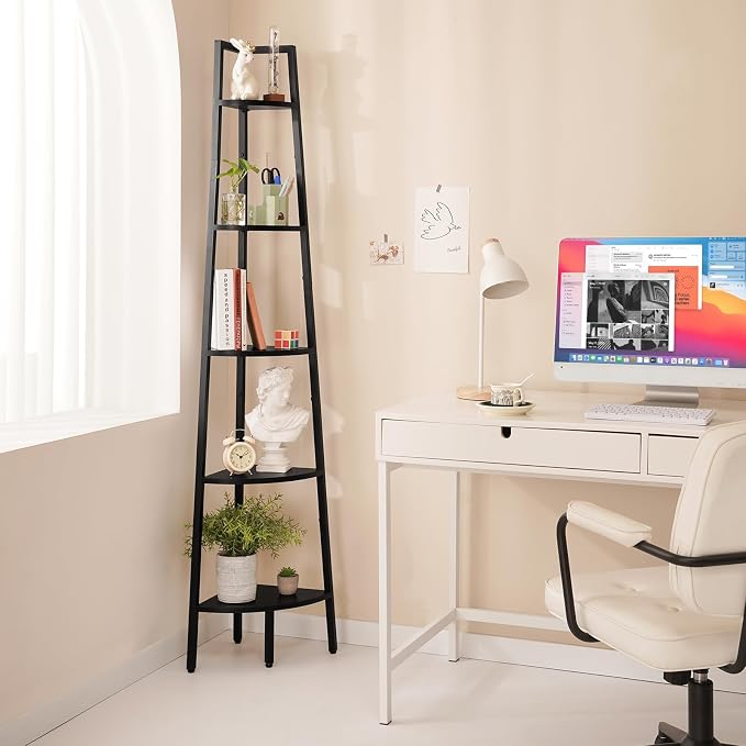 Yoobure 5‑Tier Corner Shelf – Sturdy Metal Frame & Wood Ladder Bookshelf, Space‑Saving Display Shelves for Plants & Books, Easy Assembly, for Bedroom, Living Room, Office, Balcony