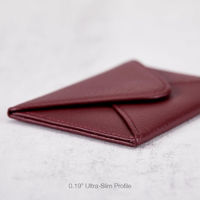 HISCOW Italian Pebbled Leather Business Card Holder, Minimalist Full Grain Envelope Card Case with Hidden Magnetic Closure, 0.19 Inch Slim Front Pocket Wallet for Men and Women, Bordeaux