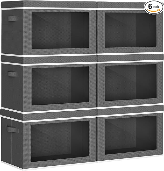 Homsorout Collapsible Storage Bins with Lids - Stackable Storage Containers with Window, 6 Pack Fabric Cube Bins for Closet, Home & Office Organization Baskets, Dark Gray, 14.9" x 9.8" x 9.8"