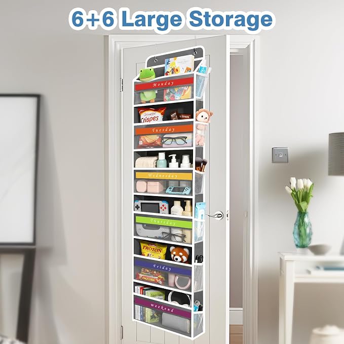 YooxArmor Over The Door Organizer, Hanging Storage with 6+6 Large Pockets, 22lbs Load Anti Tilt Behind Door Storage for Closet Bedroom Bathroom, Black