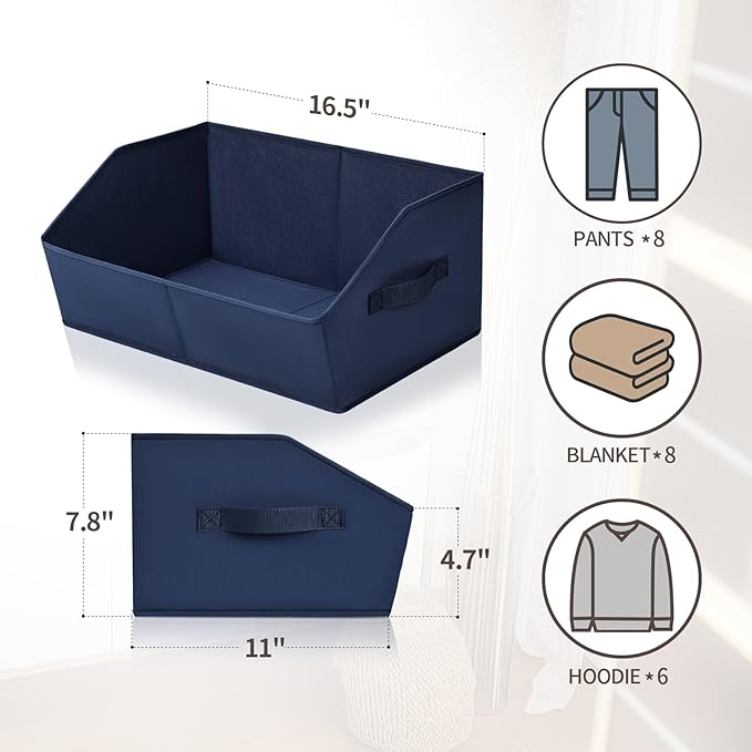 Homsorout Closet Baskets for Shelves Trapezoid - Decorative Storage Baskets with Handle, Closet Bins for Organization, Shelf Storage Bins for Clothes, Books, Home, Office, 4 Pack, Navy Blue