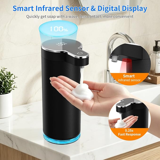 Automatic Foaming Soap Dispenser, Touchless Rechargeable Soap Dispenser for Kitchen & Bathroom, Stainless Steel, 4 Adjustable Foam Levels, USB-C, Waterproof, 12oz/350ml(Black)