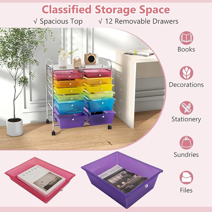 DREAMADE Rolling Cart with Storage Drawers, Utility Cart with Removable Plastic Drawers, Lockable Wheels, Art Cart for Classroom Organization Art Supplies Office Scrapbook (‎12 Drawers, Rainbow)