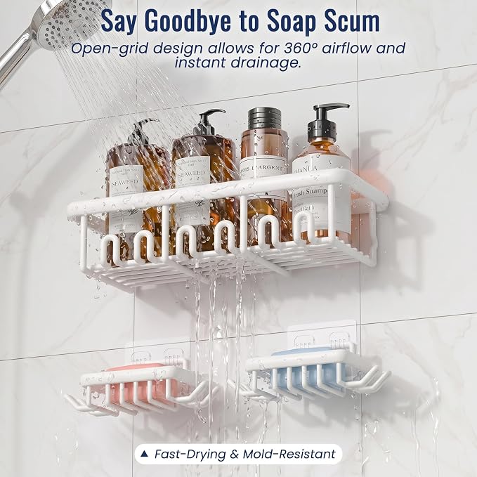 8 Pack Adhesive Rustproof Shower Caddy with Soap Dishes, Toothbrush Holder & Hooks, Large Capacity No-Drilling Shower Shelves Rack for Bathroom Organizers and Storage Accessories, White