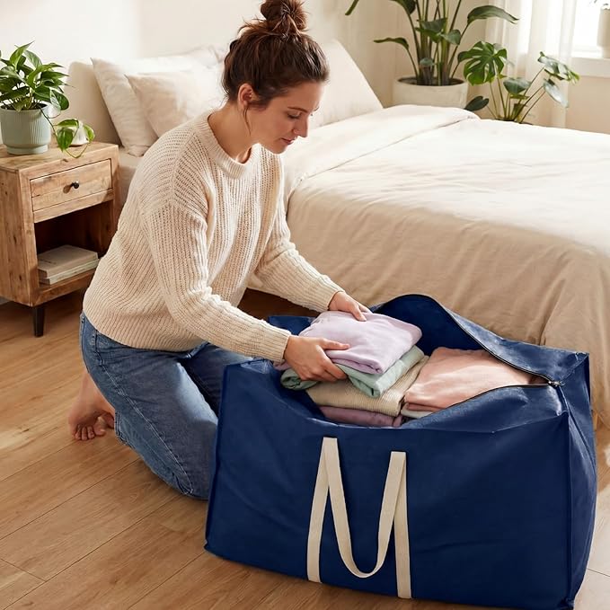 Sadnyy 12 Pack Extra Large Moving Bags Bulk with Carrying Handles & Zipper 32 Gal /120 L Reusable Waterproof Packing Bags Foldable Storage Organizer for Clothes, Bedding, Comforters(Navy Blue)