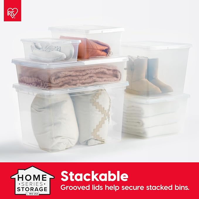 IRIS USA 6-Pack Storage Bins with Lids, 58 Quart, Clear Stackable Containers Box Organize Shoes Closet Shelves Clothes Blankets Towels - BPA-Free Plastic